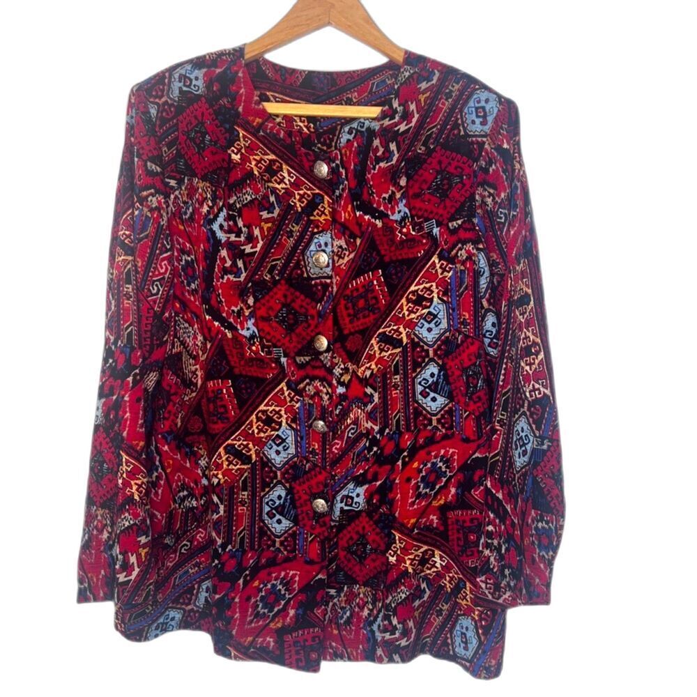 Elisabeth Williams Maximalist Print VTG Blouse Crested Buttons Size XL Statement
